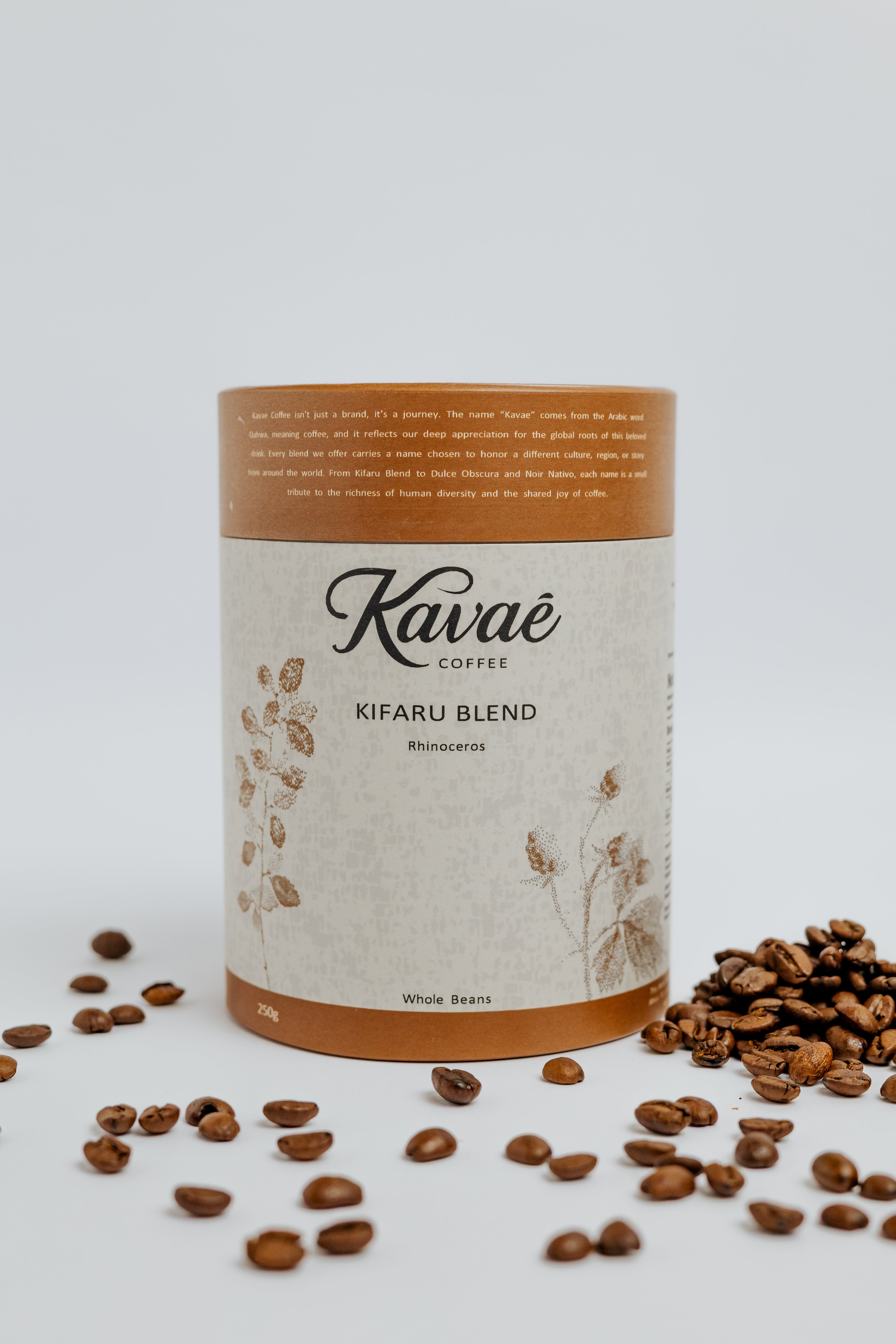 Kavae Coffee Kifaru Blend container with coffee beans on a light background