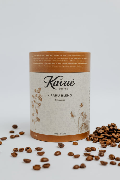 Kavae Coffee Kifaru Blend container with coffee beans on a light background