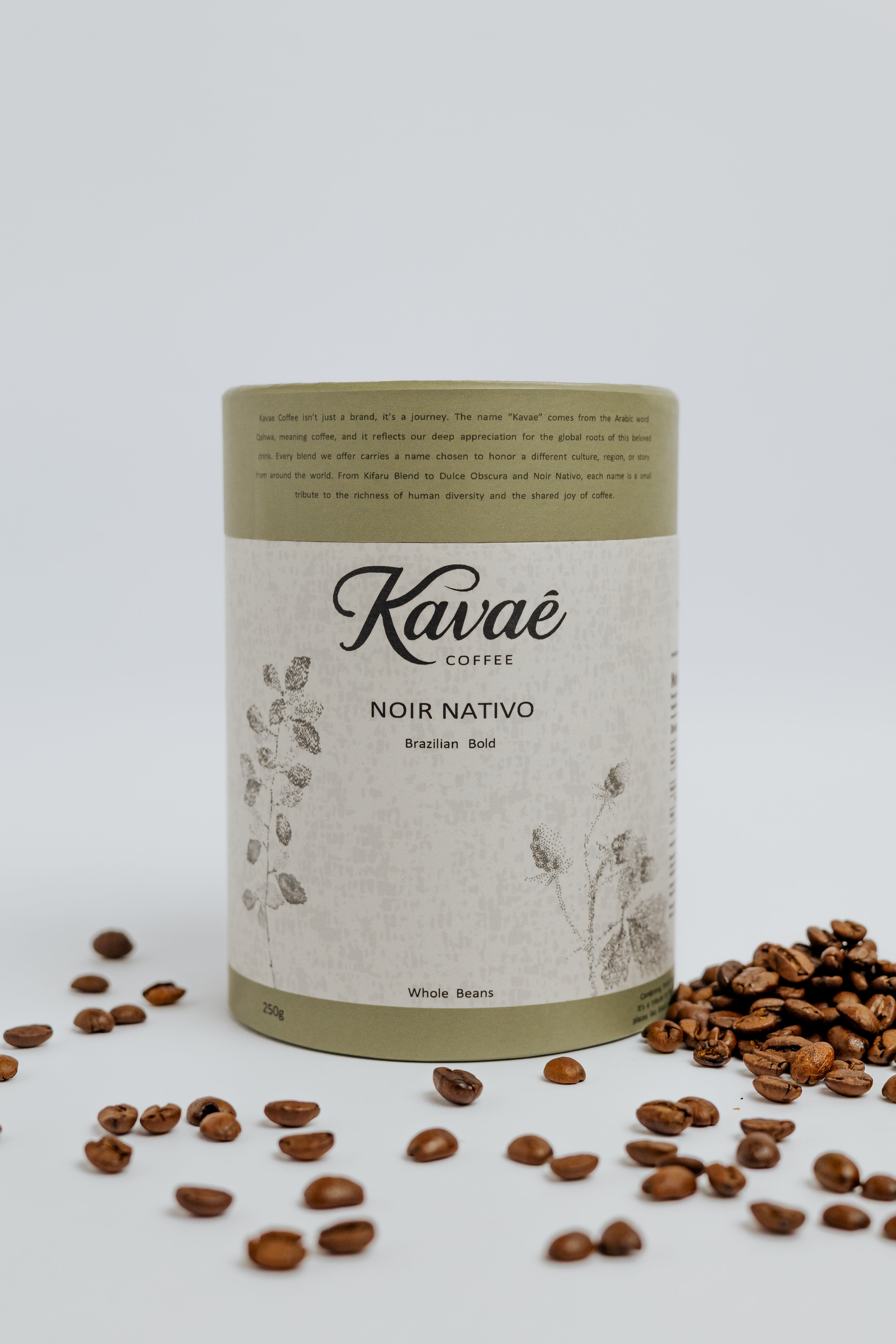 Kavá® coffee container with coffee beans on a light background